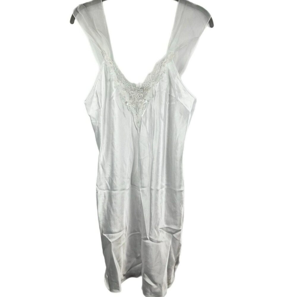 Vintage 80s Dentelle Slip Dress Short Night Gown S White Satin Beads‎ Lace Sheer